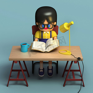 3d 小女孩在眼镜上的渲染阅读书。可爱的工作空间。卡通风格.
