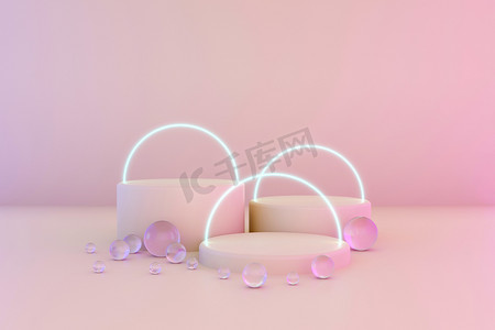 粉红最少3个3D背景，有霓虹灯效果。海报设计与工作室讲台平台,玻璃球和发光球体.摘要3D渲染。商业概念的最低阶段.