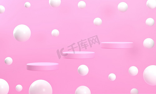101创造营摄影照片_3D 。浮动圆形粉色讲台周围的白球增加兴趣，创造光泽。舞台模拟展示产品,销售,横幅,展示,化妆品,报盘.