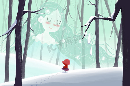 遇见福彩遇见爱摄影照片_ 小女孩在红帽走在森林中遇见冬季仙女。逼真的梦幻般的卡通风格艺术作品场景，壁纸，故事背景，卡设计 