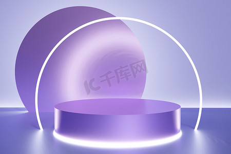紫色讲台摄影照片_紫罗兰色讲台的3D渲染，背景为紫色，霓虹灯更亮