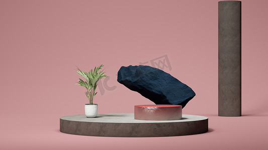 深蓝色渲染摄影照片_深蓝色的石头,圆形的讲台上陈列着粉红色的背景与小棕榈树.最小的设计。3d渲染.