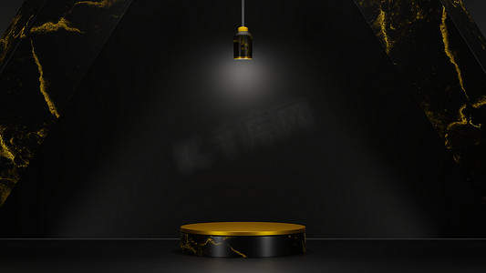 Marble and Gold Product Showcase Podium 3d Illustration. Black and Gold Pedestal Scene for Item Presentation.