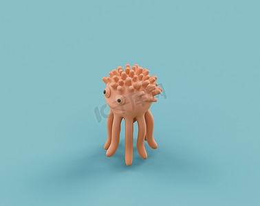 等色平橙色鱿鱼玩具，单色绿松石色，蓝色背景，无人，3D渲染