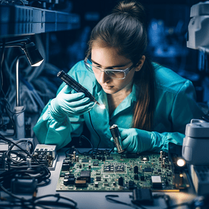 防静电服工作场景摄影照片_戴着防静电手套的妇女拿着小针和放大镜修理PCB上的电子元件