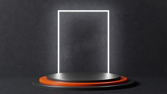 A stepped podium in black with an orange step in the middle. Large white light on a rectangular background. 3d render.