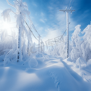摄影照片_冬季雪地中的道路电线杆3