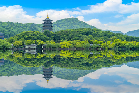 中国风手绘风景摄影照片_杭州西湖秀丽的风景