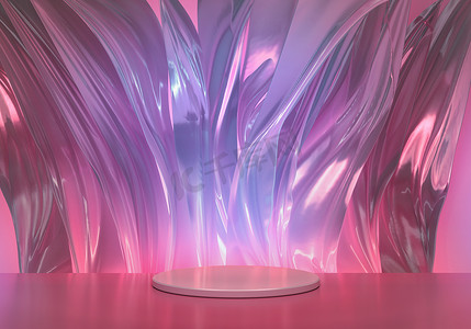 带有霓虹灯光芒和波浪背景的明亮的粉色时装表演。华丽的基座背景。3D渲染.