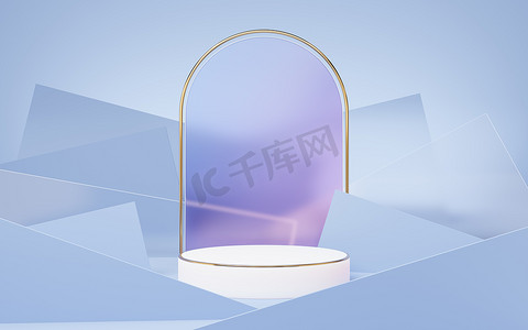空荡荡的白色大理石圆柱形讲台，金框放在蓝色的石灰上，玻璃墙背景。最简单的几何图形展示模型。产品设计展示的舞台.3D渲染.