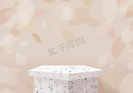 White marble premium stand with autumn leave falling. Cosmetic display product exhibition podium. 3d rendering