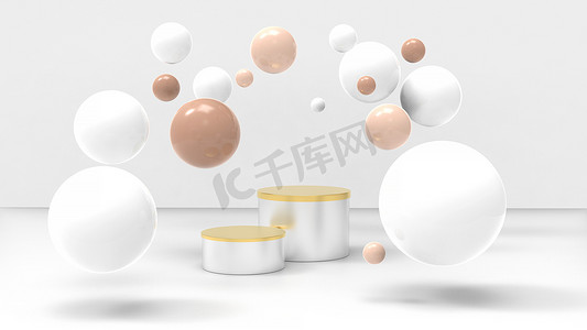 面霜背景摄影照片_展示产品的化妆品背景.圆柱形最小基座和球体作为面霜的符号。3D插图，漂亮温暖的色彩.