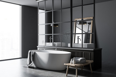 灰色墙壁浴室 corneer 与金属装饰细节, 一个具体的地板和一个白色的浴缸与镜子站在附近。一个双水槽。3d 渲染模拟