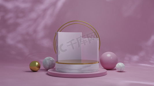 现代最小大理石平台，带有模糊粉色背景的抽象建筑形状场景，用于展示产品演示或展示3D渲染