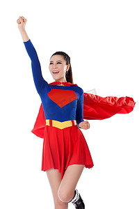 超人斗篷斗篷摄影照片_青年女人扮超人