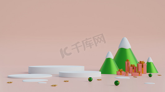 粉红背景上有圆柱形讲台的最小几何图形场景。圣诞快乐，新年快乐.