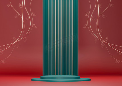 圆形基座,绿色圆筒,金色装饰-3d渲染插图.空荡荡的讲台,产品推广的基础.奢华的深红色绿色皇家模型。2022年新的一年，中国的亚洲星座