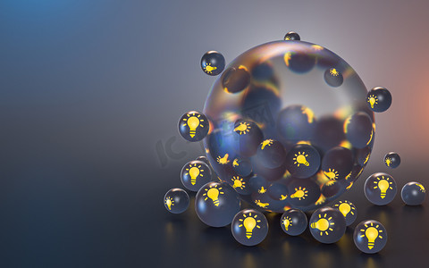 灯泡符号抽象玻璃气泡图标背景社会横幅海报模板3D渲染