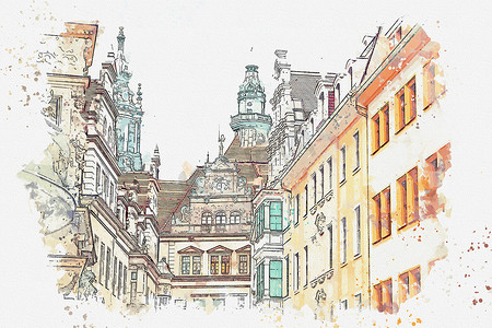 古代建筑摄影照片_水彩素描或插图。古代建筑建筑群的一部分叫做皇宫。德累斯顿, 德国.