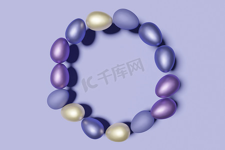 year摄影照片_3d render of pastel colored Easter eggs wreath on a violet color of the year 2022 background