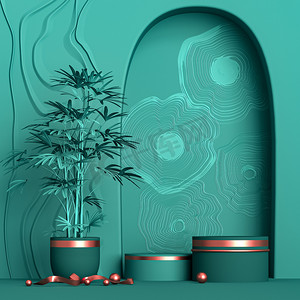 几何简约背景，产品圆形讲台，薄荷绿色绿松石色，盆栽棕榈树，金饰，3D渲染