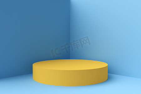 Round pedestal or podium in blue corner. Colorful minimal exhibition concept design. Abstract modern art illustration for presentation product. 3d render display showcase. Architectural background.