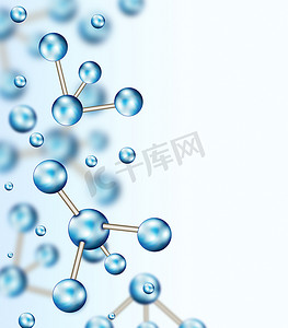 抽象分子设计。原子.横幅或传单的医学背景。蓝色球形粒子的分子结构.