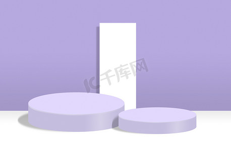 products摄影照片_Cylindrical podiums on pastel purple background with white rectangle for displaying products