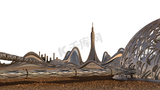 探索火星摄影照片_具有未来主义建筑的火星基地聚居区天际线的3D渲染，与白色隔离，包含在空间探索背景和科幻小说图形文件中的剪切路径.
