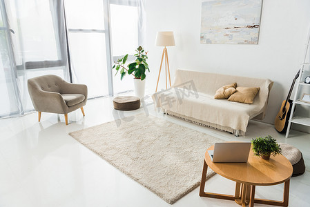 现代起居室内有手提电脑、地毯和家具 