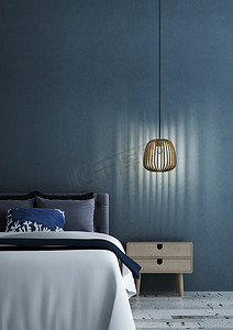 舒适的居室室内设计，蓝墙图案背景和木灯