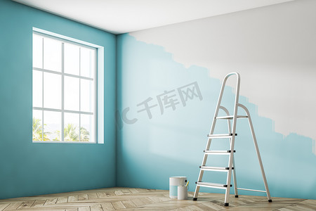 空房间的角落里有一扇大窗户, 一层木地板和半漆的蓝色墙。一把梯子和一罐油漆。3d 渲染模拟