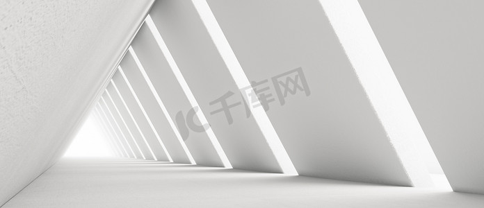 清空长灯走廊。现代白色背景。未来派科幻三角隧道。3D渲染