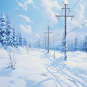 电线杆雪地摄影照片_冬季雪地中的道路电线杆4