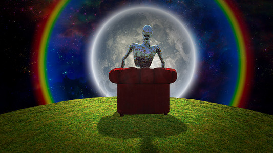 锈迹斑斑摄影照片_超现实的构图锈迹斑斑的外星人坐在鲜红的扶手椅上,明亮的月亮在生动的宇宙中.3D渲染