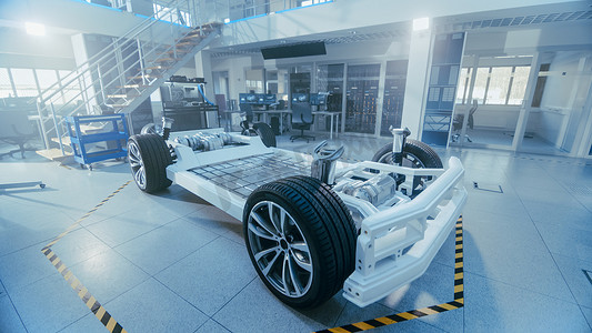 在高科技工业机械设计实验室立于道的正宗电动车平台底盘原型概念。混合动力车架包括轮胎、悬架、发动机和电池.