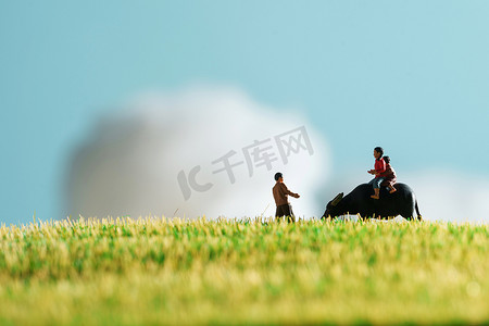动物雕塑摄影照片_农田里父亲带着孩子放牛