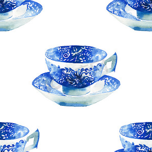 墙纸蓝摄影照片_美丽的图形可爱的艺术招标精美的蓝瓷茶杯图案水彩手插图。完美的纺织品, 菜单, 墙纸
