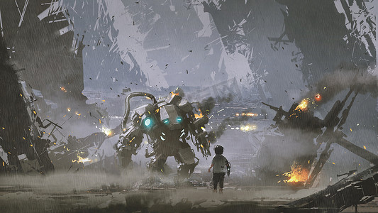 现场的男孩看着损坏的机器人谁保护他从战争, 数字艺术风格, 插图画