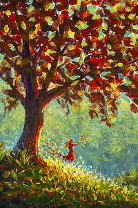 原始油画符号美丽的自然-女孩在红色礼服释放鸽子鸟从她的手。大树, 阳光明媚的山坡, 神话般的插图艺术品的书