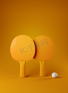 两个乒乓球或乒乓球球拍和球类锦标赛海报设计3d 插图 renderig