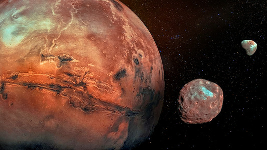 火星与它的两个陨石坑卫星火卫一和火卫二。Nasa 提供的这张图片的元素.