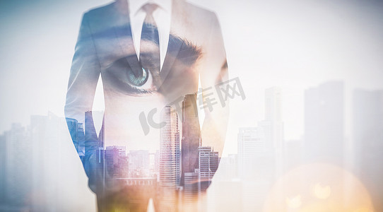 Photo of woman eye and businessman in suit. Double exposure skyscraper on the background.