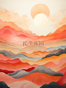 山脉太阳暖橙色水彩背景16