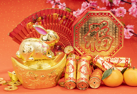恭贺新年摄影照片_恭贺中国家兔新年，中国书法翻译：新年快乐