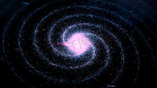 星系在深空中呈螺旋形，在黑色背景上旋转，无缝隙环路。 动画。 穿过太空中的恒星场和星云，揭示出一个旋转的螺旋星系.