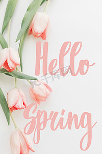 你好，春天。你好，春季短信在粉红郁金香边，花卉问候卡。典雅的画面。手写的字母。春天垂直海报