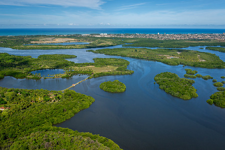 小森林摄影照片_圣克鲁斯运河（Canal de Santa Cruz），位于Itamaraca岛以南，靠近巴西伯南布哥累西腓，2014年3月1日。河流之间的森林、红树林和椰子树，形成了小岛屿。空中业务