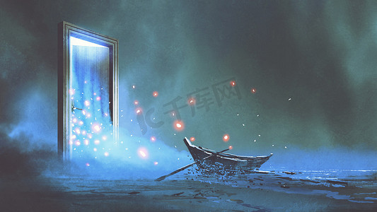 梦幻门摄影照片_梦幻风光的废弃船在岸边附近的神秘门, 数码艺术风格, 插图画