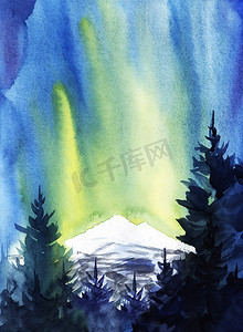 在北极光和雪山的背景下, 高冷杉的黑暗轮廓。抽象背景。手绘水彩插图